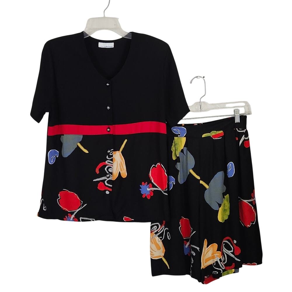 CB Collection VTG Rayon Shorts and Blouse Set Black Abstract Print Sz M